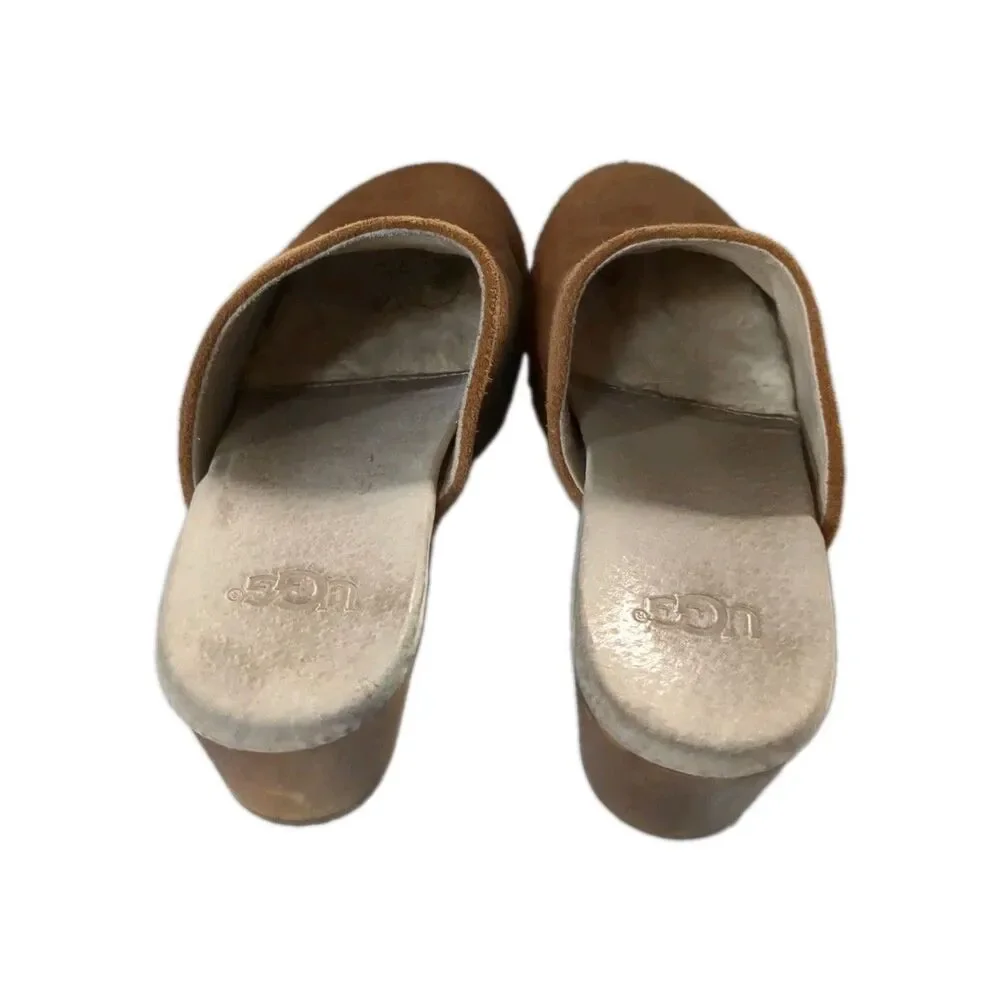 UGG Vintage Girls 13 Tan Suede Heeled Clogs Wood Sole Mules Model 3284 Retro